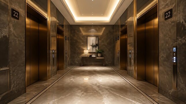 Modern luxury hotel elevator lobby with marble walls and golden metallic doors.