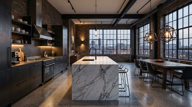 Majestic Hyper Realistic Commercial Photography Of A Luxury Industrial Loft Kitchen With Exposed Brick Walls