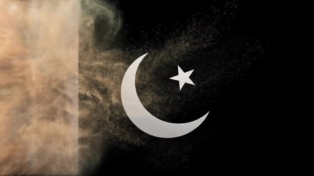 Artistic depiction of a crescent moon and star with green/brown swirling dust against a dark background