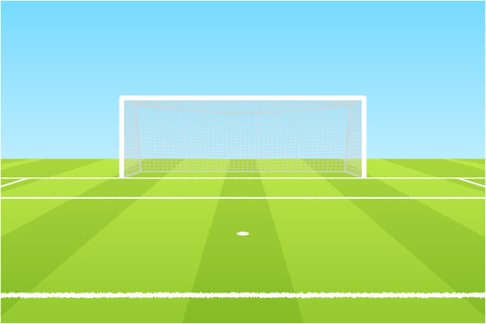 シンプルなサッカーコートとゴールの背景素材 青空と芝生のスポーツフィールド 横長バナー用