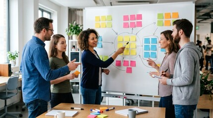 Diverse group of people brainstorming ideas on a whiteboard with colorful sticky notes in office