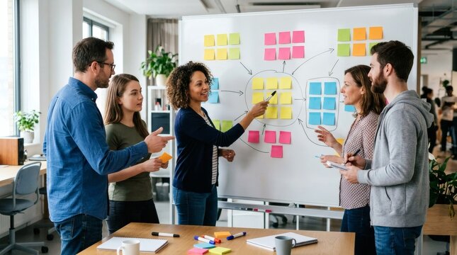 Diverse group of people brainstorming ideas on a whiteboard with colorful sticky notes in office
