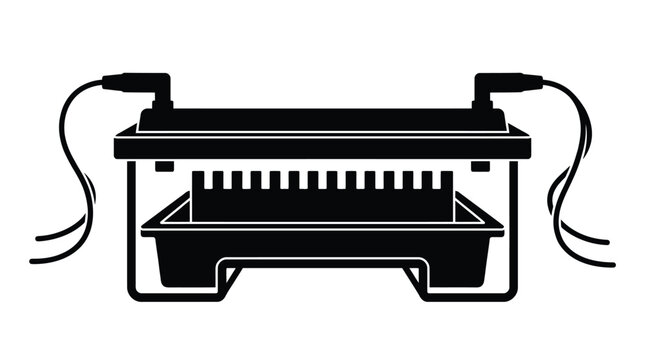 Detailed black silhouette of a laboratory electrophoresis gel tank device featuring electrical leads used for scientific research and molecular biology analysis on a plain white background