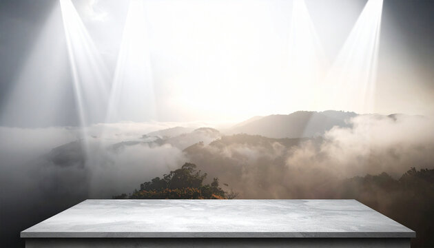 Mountain Landscape Spotlight: An empty, clean podium stands on a misty mountain landscape illuminated by bright spotlights, setting a dramatic stage for a product reveal or presentation.