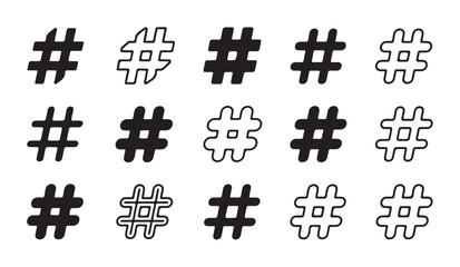 Naklejka premium Graphic collection of black and white hashtag symbols in various bold and outline shapes.