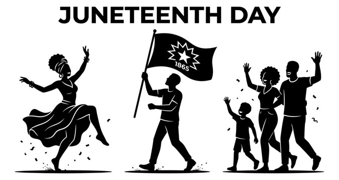 African American family celebrating Juneteenth Day with dancing and flag isolated on white background