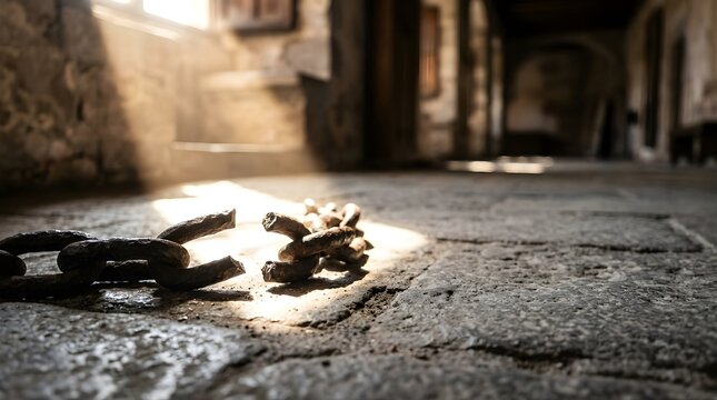 Broken rusty chain lying on a stone floor with sunlight rays for freedom