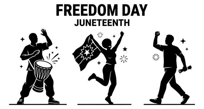 African American figures celebrating Juneteenth with drums and flags during a festive event Isolated on white background