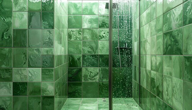 Green Tiled Shower Stall: A modern shower stall adorned with various green tiles, showcasing a refreshing and clean aesthetic with water droplets visible on the glass.