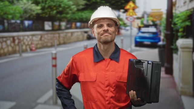 Man builder in orange uniform wearing hardhat holds toolbox with right hand, left hand on hip on a city street lined with bollards and parked car; confidence readiness.