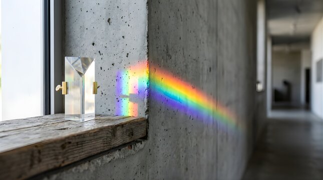 Glass prism casting a rainbow spectrum on a concrete wall indoors