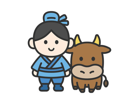 牛飼いのアイコン（線画カラー）のイラスト