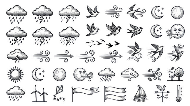 Weather Icons Set: Rain, Wind, Sun, Moon, Birds, Clouds, Kite, Sailboat