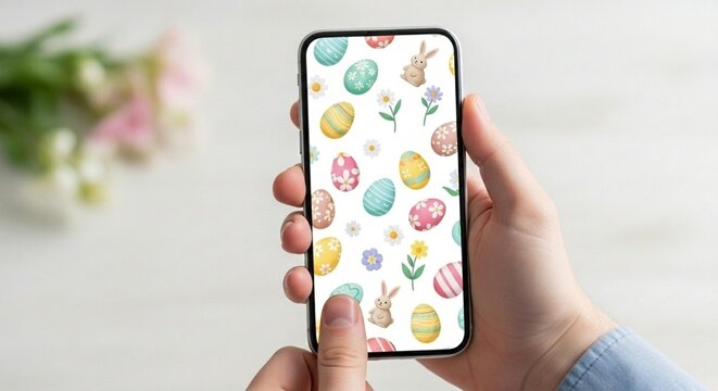 Easter eggs and bunnies pattern on smartphone screen held in hands displaying holiday wallpaper concept