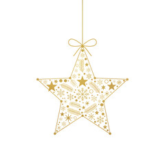 Fototapeta premium Large gold star ornament made of delicate snowflakes and pine branches on a white background, hanging by a thread with a dainty bow, festive holiday concept