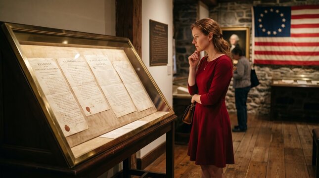 Woman viewing historical declaration document in museum. Person studying American Independence Day legacy with antique papers and national flag background. Educational heritage visit