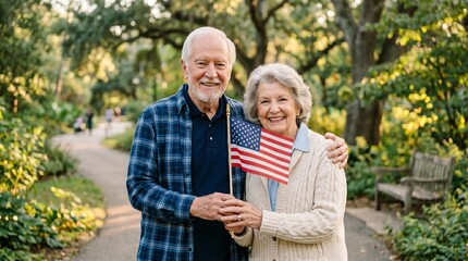 Fototapeta premium Senior man and senior woman holding small American flag in park. Happy retired couple celebrating Independence Day. Patriotic lifestyle concept for July 4th holiday and summer activity