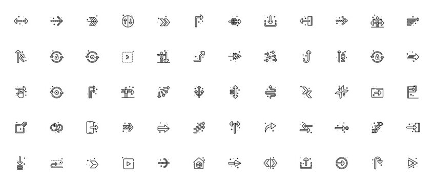 Arrows icon set. Vector arrows pack. Minimal thin line icons. Featuring extend, download, exit, lock, approve, human, double arrow, arrow right, unlock, hand, anchor, browser, flag, share, iphone, lef