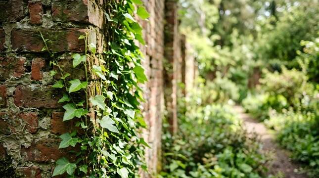 Lush ivy vines growing on an aged red brick wall in a tranquil garden