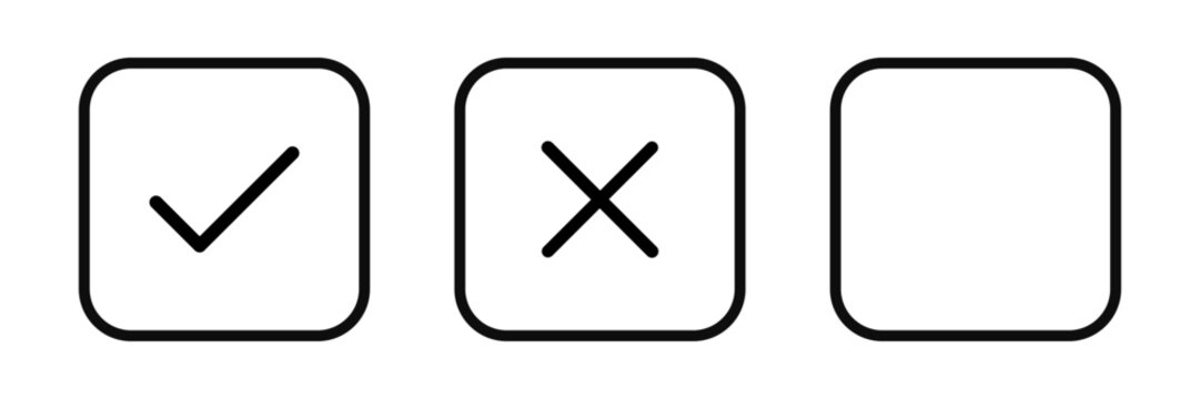 Checkbox icon set with check mark, close symbol and empty selection box. Selection control icons for user interface navigation, form validation and option status.
