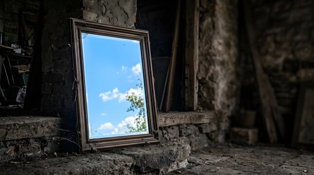 Old vintage mirror reflecting a clear blue sky in a dark abandoned room