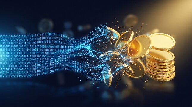 Digital data stream transforming into gold coins, financial technology concept, blockchain value transfer visualization