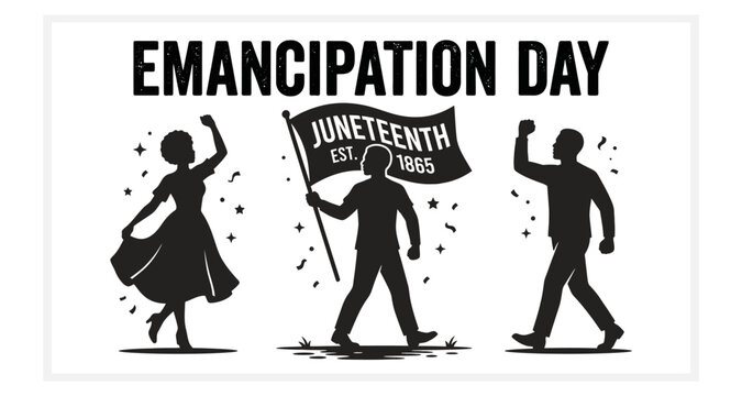 Juneteenth celebration with joyful silhouettes holding flag and confetti isolated on white background