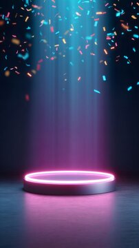 Pink neon podium with falling confetti and blue light. Product display platform for advertisement. Empty stage for brand presentation.