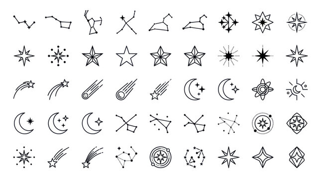 Celestial Icons: Stars, Constellations, Moon, and Comets - Hand-Drawn Style