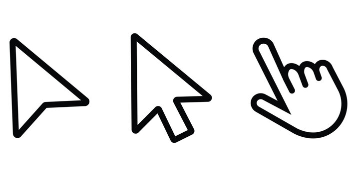 Minimalist computer mouse cursor icons, black arrow and hand pointer vector set, digital navigation symbols for web interface design