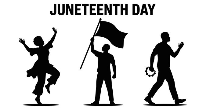 Silhouettes celebrating Juneteenth Day with a flag and tambourine isolated on white background