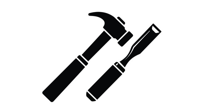 Carpentry hammer and wood chisel icon vector, black silhouette hand tools for woodworking, professional joinery equipment for construction