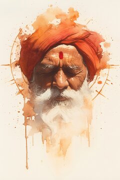Watercolor illustration of a meditating man wearing a red turban. Spiritual guru portrait with eyes closed. Hindu ascetic artwork for contemplation and peace.