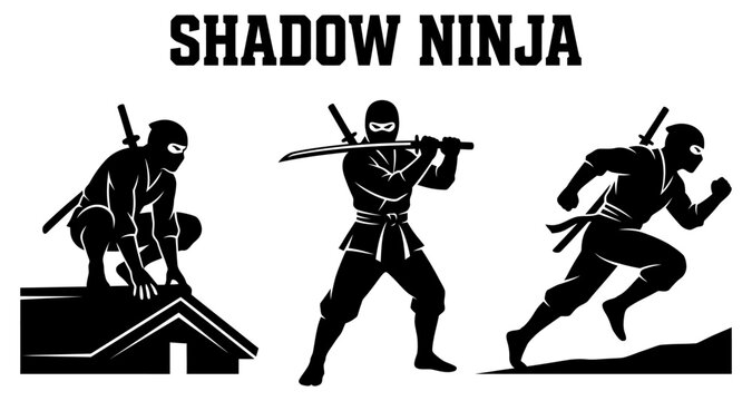 Three dynamic ninja silhouettes in action poses during a stealth mission against a stark white background