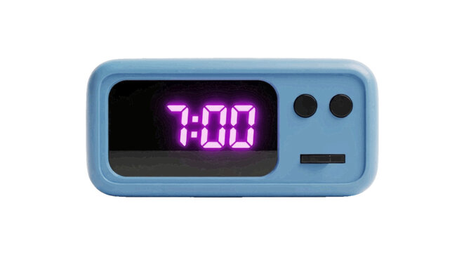 Minimal black silhouette icon, simple flat vector, bold black shape, no, no shading digital alarm clock with purple glowing numbers showing 700 on a, flat icon style
