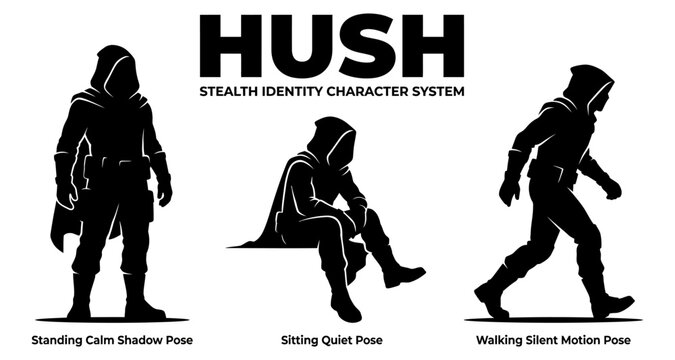 Three stealthy hooded figures in different poses during day isolated on white background