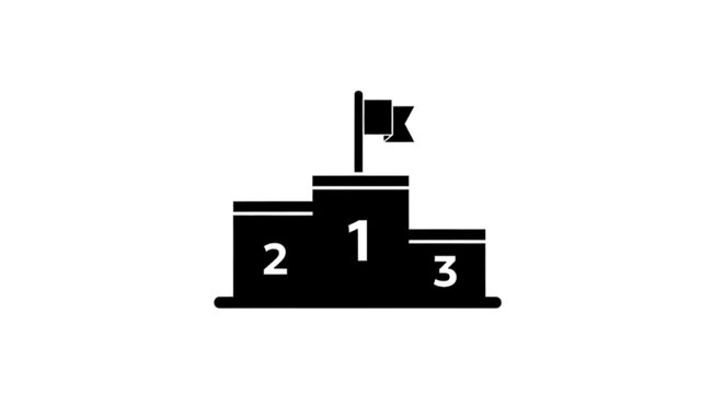 Minimal black silhouette icon, simple flat vector, bold black shape, no, no shading winner podium icon with flag, first, second and third place on a, flat icon style