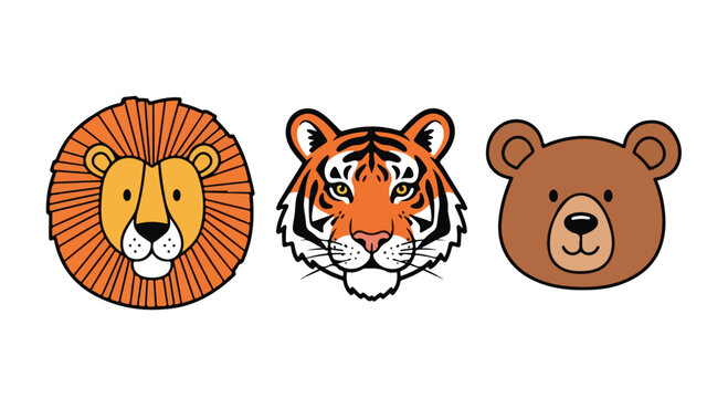 Cute cartoon animal heads set, lion tiger and bear vector icons, wild animal face illustrations for kids nursery and educational design