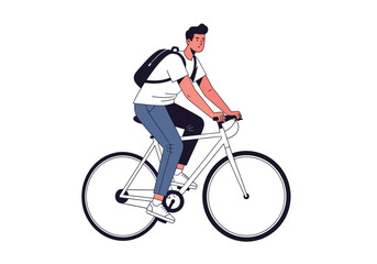 Naklejka premium A young man riding a bicycle while wearing a backpack.