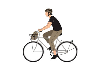 Naklejka premium A person wearing a helmet riding a bicycle with a basket.
