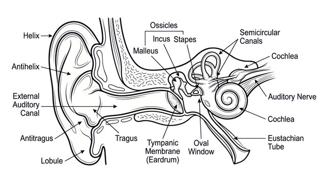 Human Ear Anatomy Diagram: Outer, Middle, Inner Ear with Labels