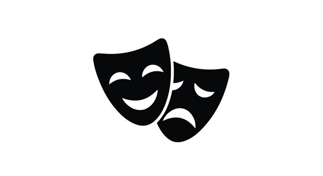 Theater comedy and tragedy masks icon, black drama face silhouettes, classical acting and performing arts vector illustration