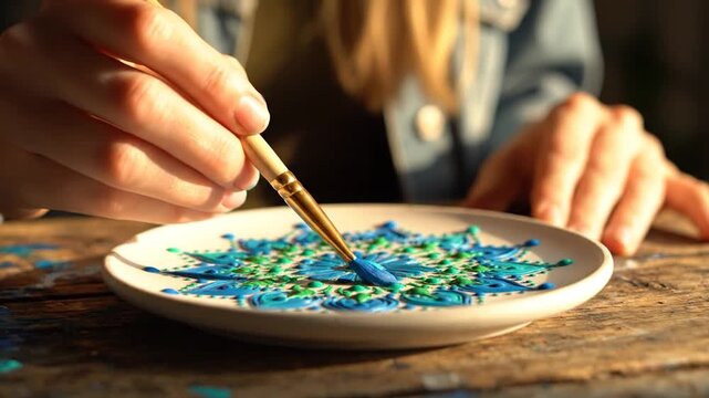 Artist painting intricate blue mandala pattern on ceramic plate in warm sunlight