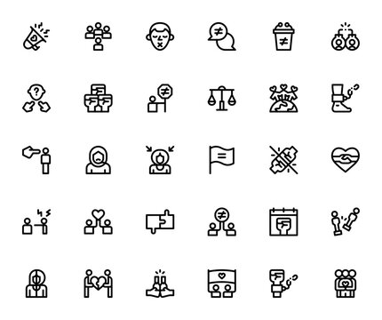 Racism icon pack. Minimal thin line web icons set. Vector illustration. Anti-racism icon set. Featuring megaphone, protest, justice, handcuffs, bullying, no racism, world, flag, fight, heart, care, pu