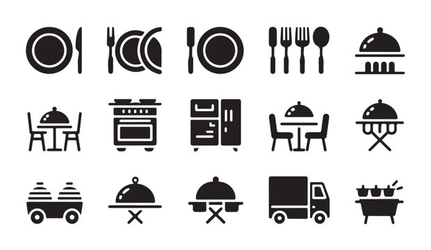 Restaurant and cafe service icons in black and white including tables chairs and delivery truck.