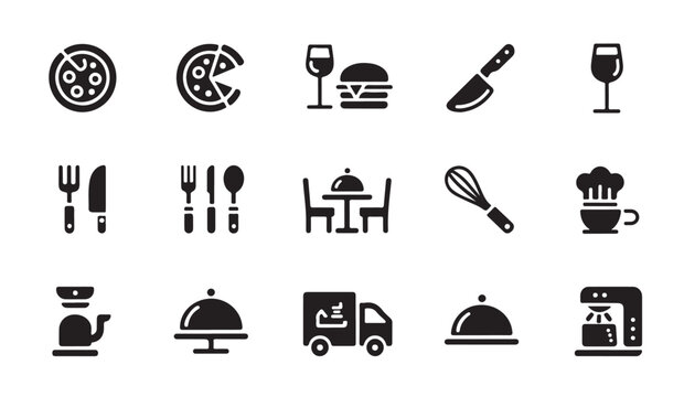 Food and drink icons collection with pizza burgers coffee machine and kitchen utensils.