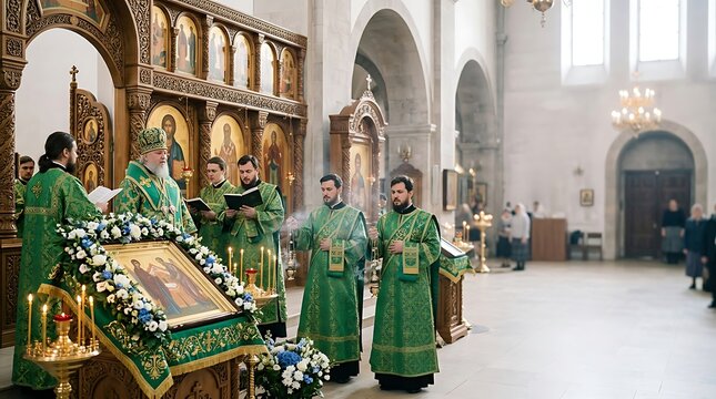 Orthodox priests in green vestments performing a religious service