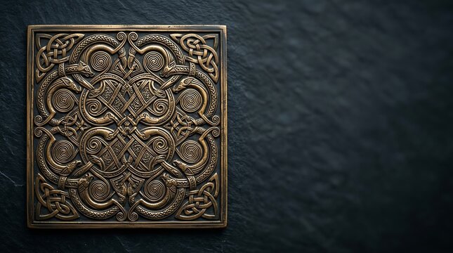 Ornate bronze celtic plaque with dragon knotwork on dark stone