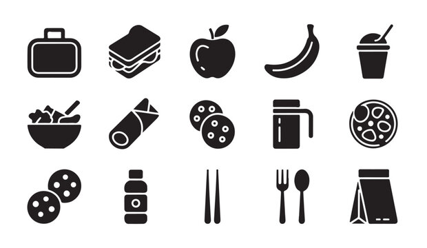 School lunch box icons with healthy food snacks set isolated on white background silhouette.