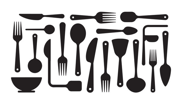 Tableware and cooking utensils collection featuring bowl ladle spatula and various cutlery.